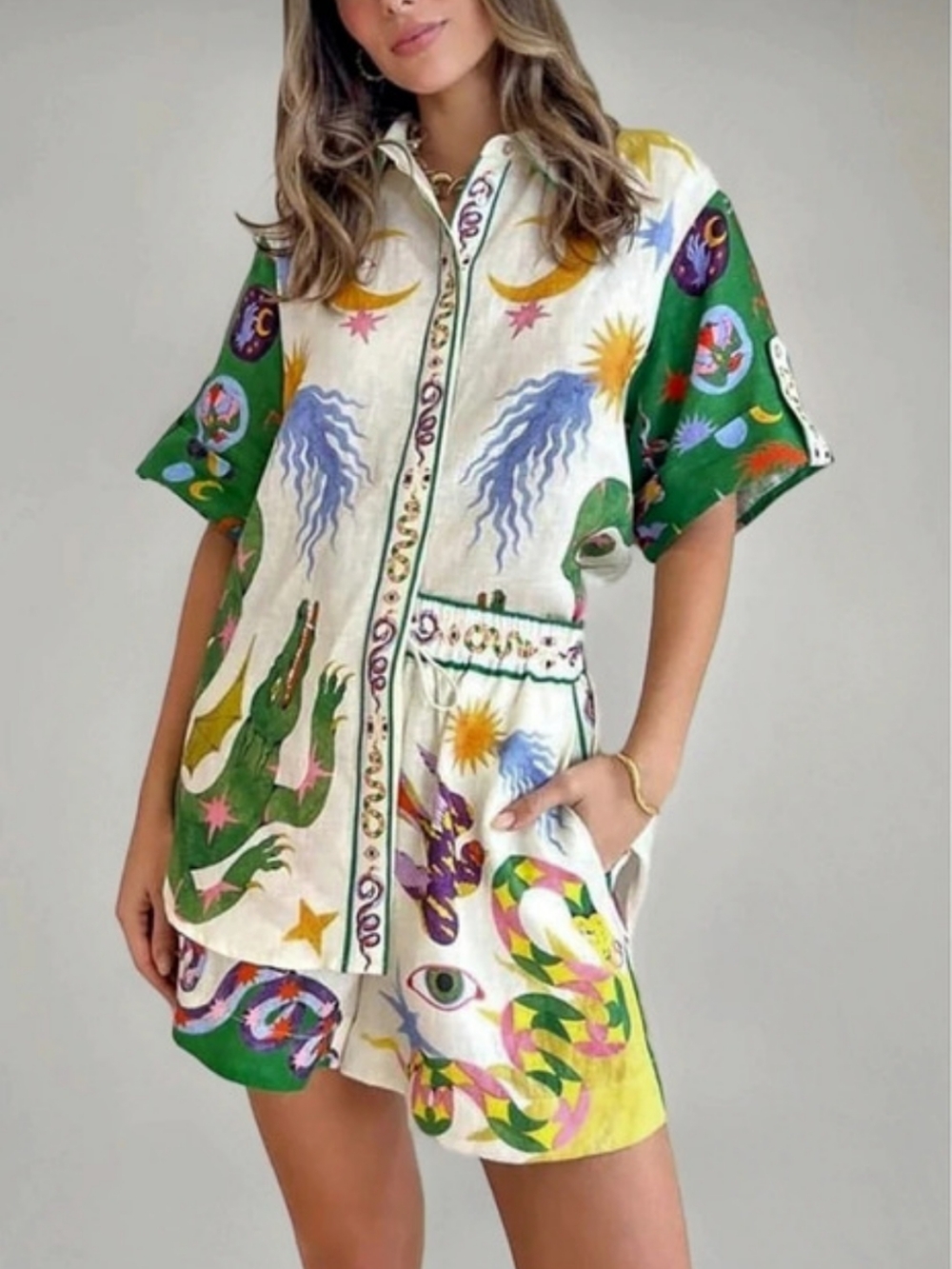 Commense Print Lapel Shorts Set Small